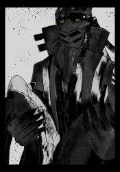  2boys ascot blood blood_on_clothes border carrying carrying_person commentary_request dress_shirt fingernails greyscale head_back high_collar highres izanagi_(persona_4) jacket long_sleeves looking_at_viewer male_focus monochrome multiple_boys narukami_yuu open_clothes open_jacket pants popped_collar princess_carry ringed_eyes sankisrool school_uniform sharp_fingernails shirt spot_color watermark yasogami_school_uniform yellow_eyes 