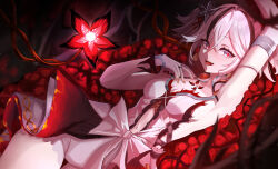  absurdres arm_up armpits black_eyes black_flower blake_bloom_(wuthering_waves) breasts camellya_(wuthering_waves) clothing_cutout collar collarbone earrings female flower flower_on_chest glowing glowing_flower gold_earrings hair_between_eyes hair_flower hair_ornament hair_vines highres jewelry kku_ri_92 looking_at_viewer lying medium_breasts navel on_back open_mouth red_flower red_pupils short_hair sideless_dress smile solo stomach_cutout tacet_mark_(wuthering_waves) white_collar white_hair wuthering_waves 