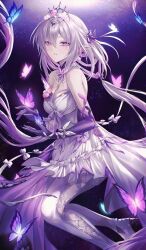  bare_shoulders blush breasts bug butterfly castorice_(honkai:_star_rail) crown dress female flower gloves grey_hair hair_flower hair_ornament honkai:_star_rail honkai_(series) long_hair medium_breasts multicolored_hair pantyhose pointy_ears purple_butterfly purple_eyes purple_flower purple_gloves purple_hair solo ulularts very_long_hair white_dress white_hair white_pantyhose 