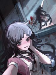  :d absurdres apron black_eyes black_hair blood blood_on_clothes blood_on_face blood_on_wall breasts collared_shirt danganronpa_(series) danganronpa_2:_goodbye_despair female hand_up highres huang_du_du long_hair mirror mole mole_under_eye open_mouth pink_shirt reflection selfie shirt small_breasts smile solo tile_wall tiles tsumiki_mikan 