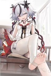  :d absurdres breasts camellya_(wuthering_waves) desk dress female flower from_below grey_eyes hair_flower hair_ornament hair_vines highres indoors multicolored_hair nagata_gata no_shoes on_desk pantyhose small_breasts smile solo stirrup_legwear streaked_hair toeless_legwear white_dress white_hair white_pantyhose wuthering_waves 