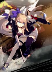  absurdres assault_rifle asymmetrical_legwear battle_rifle bent_over black_jacket black_shoes black_thighhighs blonde_hair blue_eyes bow dress dual_wielding fal_(girls&#039;_frontline) female ferret fn_fal footwear_bow full_body girls&#039;_frontline gleam gun hairbow high_heels highres holding holding_gun holding_knife holding_weapon jacket knife kukri long_hair long_sleeves looking_to_the_side mineta_naoki mismatched_legwear open_mouth ponytail purple_bow reverse_grip rifle shoes solo standing standing_on_one_leg thighhighs twitter_username very_long_hair weapon white_dress white_thighhighs 