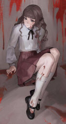  absurdres arm_support black_eyes black_ribbon black_shoes blood blood_on_clothes blood_on_face blood_on_leg blood_on_wall brown_hair closed_mouth commentary erbenkranz fear_&amp;_hunger_(series) fear_&amp;_hunger_2:_termina female frilled_shirt_collar frills full_body hair_tie highres knees_up long_hair long_sleeves looking_at_viewer lossy-lossless marina_(fear_&amp;_hunger) mary_janes neck_ribbon pink_skirt red_pupils ribbon shirt shirt_tucked_in shoes sitting skirt socks solo white_shirt white_socks 