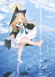 animal_ears barefoot blue_archive blue_neckerchief braid chack520 closed_eyes clothes_lift cloud coif covered_navel dot_nose dress dress_lift feet female flower hair_flower hair_ornament halo happy highres long_hair mari_(blue_archive) neckerchief nun on_water open_mouth orange_hair reflection reflective_water sailor_collar smile soles solo splashing standing standing_on_one_leg tile_floor tiles toes veil water white_flower white_sailor_collar yellow_halo 