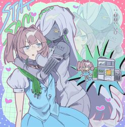  2girls blue_eyes blue_skirt blue_vest blush breasts buttons character_name chibi emoticon flat_chest hair_over_eyes heart highres humanization humanoid_robot long_hair machine medium_breasts metal_skin multicolored_eyes multiple_girls puffy_short_sleeves puffy_sleeves regretevator roblox robot robot_girl sam_(regretevator) short_sleeves short_twintails skirt stat_(regretevator) striped_clothes striped_thighhighs sweatdrop thighhighs twintails un_0tk vest white_hair yellow_eyes yuri 