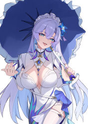  :p absurdres blue_eyes blue_flower breasts cantarella_(wuthering_waves) commentary cowboy_shot dress facial_mark flower hair_between_eyes hair_flower hair_ornament hand_up highres holding holding_umbrella large_breasts long_hair looking_at_viewer mark_under_eye mole mole_under_eye nail_polish never_cry3418 parasol purple_hair purple_nails purple_umbrella shrug_(clothing) simple_background smile tacet_mark_(wuthering_waves) thighhighs thighs tongue tongue_out umbrella very_long_hair white_background white_dress white_shrug white_thighhighs wuthering_waves 