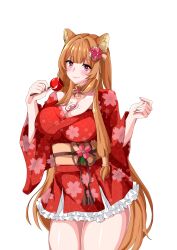  absurdres animal_ear_fluff animal_ears blunt_bangs blush breasts brown_hair chest_tattoo cleavage closed_mouth eyelashes female flower frilled_kimono frills hair_flower hair_ornament hands_up highres holding_candy_apple japanese_clothes kimono large_breasts long_hair long_sleeves looking_at_viewer metal_hair_tubes mukhbita249 raccoon_ears raccoon_girl raphtalia red_eyes red_kimono sash shiny_skin short_kimono simple_background slave_brand smile solo tate_no_yuusha_no_nariagari tattoo thick_thighs thighs transparent_background wide_sleeves yellow_sash 