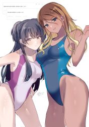  2girls black_eyes black_hair breasts brown_hair commission competition_swimsuit dark-skinned_female dark_skin gradient_hair highleg highleg_one-piece_swimsuit highres idolmaster idolmaster_shiny_colors izumi_mei kevn long_hair mayuzumi_fuyuko medium_breasts multicolored_hair multiple_girls one-piece_swimsuit red_eyes request_inset simple_background swimsuit two-tone_swimsuit two_side_up white_background 