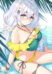  aqua_nails bare_shoulders bikini breasts cleavage cu-no female flower frilled_bikini frills hair_between_eyes hair_flower hair_ornament halterneck highres hisen_kaede large_breasts light_blush long_hair looking_at_viewer multicolored_bikini orange_eyes rapua_qive side-tie_bikini_bottom sitting solo swimsuit two-tone_bikini water white_hair 