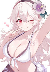  ;) absurdres bikini bikini_skirt black_hairband blush breasts cleavage corrin_(female)_(fire_emblem) corrin_(female)_(novice_vacationer)_(fire_emblem) corrin_(fire_emblem) female fire_emblem fire_emblem_fates fire_emblem_heroes flower grey_hair hair_between_eyes hair_flower hair_ornament hairband highres large_breasts long_hair looking_at_viewer n_54 navel official_alternate_costume one_eye_closed pointy_ears red_eyes sideboob skindentation smile solo swimsuit white_bikini white_hair 
