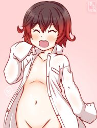  artist_logo brown_hair collared_shirt dated dress_shirt female gradient_background gradient_hair groin kanon_(kurogane_knights) kantai_collection logo multicolored_hair mutsuki_(kancolle) navel no_bra no_panties one-hour_drawing_challenge open_mouth out-of-frame_censoring pink_background red_hair round_teeth shirt sleeves_past_wrists smile solo teeth upper_teeth_only white_shirt 