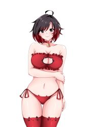  absurdres ahoge animal_ear_legwear asymmetrical_legwear bare_shoulders bell black_eyes black_hair blush bra breasts cat_cutout cat_ear_legwear cat_ear_panties cat_lingerie cleavage cleavage_cutout closed_mouth clothing_cutout collar collarbone cowboy_shot eyelashes female frilled_bra frills gradient_hair groin hair_between_eyes highres holding_own_arm jingle_bell large_breasts lips meme_attire mukhbita249 multicolored_hair navel neck_bell panties red_bra red_collar red_hair red_panties red_thighhighs ruby_rose rwby side-tie_panties simple_background smile solo standing stomach straight-on thigh_gap thighhighs transparent_background two-tone_hair underwear 