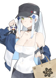  absurdres alternate_costume animal_costume artist_collaboration bag baseball_cap bell black_choker black_eyes black_hat black_pantyhose blue_jacket breasts camisole cat_costume cellphone choker cleavage closed_mouth coteri covered_navel cross_hair_ornament doya_(qkrdbseh1205) female girls&#039;_frontline girls&#039;_frontline_2:_exilium green_eyes grey_hair hair_ornament hat highres hk416_(girls&#039;_frontline) holding holding_phone iphone jacket klukai_(girls&#039;_frontline_2) looking_at_viewer neck_bell off_shoulder open_clothes open_jacket pantyhose paper_bag phone qr_code simple_background smartphone solo tattoo teardrop_facial_mark teardrop_tattoo white_background white_camisole 