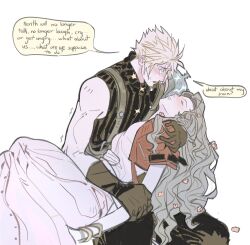  1boy aerith_gainsborough arm_around_shoulder armor bangle black_pants black_shirt blonde_hair bracelet breasts brown_gloves brown_hair closed_eyes cloud_strife cropped_jacket crying death dress english_text female final_fantasy final_fantasy_vii final_fantasy_vii_remake flower gloves hair_between_eyes hair_flower hair_ornament highres jacket jewelry long_dress long_hair medium_breasts mmmckayyy pants parted_bangs pauldrons pink_dress red_jacket shirt short_hair short_sleeves shoulder_armor sidelocks single_bare_shoulder single_pauldron sleeveless sleeveless_turtleneck speech_bubble spiked_hair tears turtleneck wavy_hair white_background 