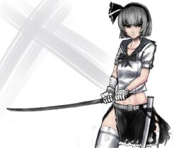  alternate_costume bad_id belt black_hairband collarbone expressionless female garter_straps green_eyes grey_hair hair_ribbon hairband konpaku_youmu midriff navel panzer_(p.z) puffy_sleeves ribbon scabbard sheath short_hair short_sleeves skindentation solo sword thighhighs touhou weapon 