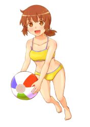  :d ball bare_shoulders barefoot beachball bikini blush brown_eyes collarbone commentary_request female full_body holding looking_at_viewer marguerite_fatima open_mouth shishio_(artist) short_hair simple_background smile solo swimsuit tankini white_background xenogears yellow_bikini 