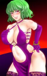  :p alternate_costume blush breasts cleavage commentary_request cosplay dead_or_alive elbow_gloves female gloves green_hair hand_on_own_hip highres kazami_yuuka lace lace-trimmed_legwear lace_trim large_breasts lei_fang lei_fang_(cosplay) naughty_face navel oerba_yun_fang ototarou pelvic_curtain photoshop_(medium) purple_thighhighs red_eyes short_hair solo thighhighs tongue tongue_out touhou 