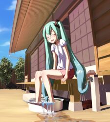  architecture basin blush breasts closed_eyes commentary day east_asian_architecture faucet female green_hair hair_ornament hatsune_miku hose long_hair miniskirt open_mouth outdoors pink_skirt shirt sitting skirt small_breasts smile soaking_feet solo tree twintails uz3d veranda very_long_hair vocaloid water white_shirt 