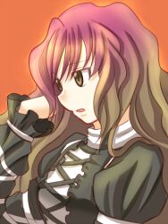  brown_eyes brown_hair commentary_request female gradient_hair hijiri_byakuren long_hair long_sleeves multicolored_hair open_mouth orange_background puffy_sleeves purple_hair qontamblue solo touhou upper_body 