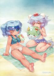  2girls artist_name ball barefoot beach beachball bikini blue_eyes closed_eyes drinking ex-keine feet grey_hair hat highres holding inubashiri_momiji juice_box kamishirasawa_keine kamishirasawa_keine_(hakutaku) kawashiro_nitori multiple_girls navel non-web_source one_eye_closed sankuma short_hair sitting sleeveless soles sukusuku_hakutaku sweat swimsuit tail tokin_hat touhou towel two_side_up visor_cap wariza wolf_tail 