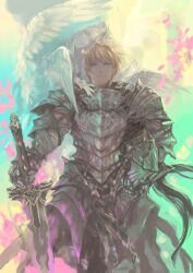  1boy angel armor blonde_hair commentary_request feathered_wings female gauntlets green_eyes holding kuroba.k original petals smile sword weapon white_wings wings 