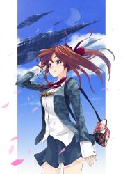  arm_up bag blue_eyes breasts brown_hair commentary_request copyright_request female hair_ornament maeda_risou medium_breasts petals photoshop_(medium) school_uniform shirt skirt smile solo white_shirt wind 