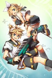  1boy bad_id blonde_hair blue_eyes bow brother_and_sister female hairbow headband highres instrument kagamine_len kagamine_rin keyboard limble microphone microphone_stand open_mouth ribbon siblings smile twins vocaloid wink 