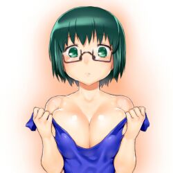  bad_id bad_pixiv_id bare_shoulders black-framed_eyewear blue_one-piece_swimsuit breasts cleavage commentary_request female glasses green_eyes green_hair joshiraku kuurubiyuutei_gankyou large_breasts looking_at_viewer one-piece_swimsuit onsoku_inu paint.net_(medium) semi-rimless_eyewear short_hair solo strap_pull swimsuit under-rim_eyewear upper_body 