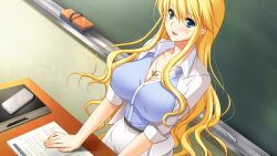  belt blonde_hair blue_eyes blush breasts classroom cleavage collar female frill frills gakuen_taima game_cg hijirigaoka_lisa indoors large_breasts long_hair looking_at_viewer smile solo teacher 