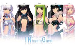  5girls :&lt; :3 animal_ears armpits bad_id bad_pixiv_id bare_shoulders black_hair blue_eyes blue_nails bra breasts buttons chinese_commentary commentary_request controller elbow_gloves english_text eyelashes feather_boa fiodo flat_chest game_console game_controller gloves green_eyes green_hair hand_on_own_chest handheld_game_console jewelry large_breasts long_hair looking_at_viewer multiple_girls nail_polish navel necklace nintendo_3ds open_mouth original personification photoshop_(medium) pink_eyes pink_hair platform playstation_3 playstation_portable ribbon short_hair shoulder_pads smile staff underwear weapon white_hair wii wii_remote wristband xbox_360 