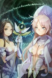  2girls ahoge bare_shoulders black_eyes black_hair blonde_hair book bow breasts character_request cleavage cocorip collarbone detached_collar detached_sleeves elbow_gloves expressionless fingerless_gloves glasses gloves green_eyes hand_on_own_hip holding jacket layna_scentriver long_hair lowres medium_breasts multiple_girls open_mouth parted_bangs photoshop_(medium) ribbon staff sword_girls very_long_hair 