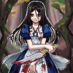  alice:_madness_returns alice_liddell_(american_mcgee&#039;s_alice) american_mcgee&#039;s_alice apron aura black-yuzunyan blood blood_on_clothes blood_on_knife bow brown_hair commentary_request female forest green_eyes horseshoe jewelry jupiter_symbol knife long_hair nature necklace solo 