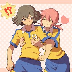  !? 2boys bad_id bad_pixiv_id blush brown_hair closed_eyes heart inazuma_eleven_(series) inazuma_eleven_go kirino_ranmaru kudou_akira lightning_bolt_symbol lowres male_focus multiple_boys pink_hair raimon raimon_soccer_uniform shindou_takuto soccer_uniform sportswear 