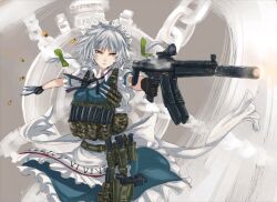  apron bad_id braid bullet chains clock female finger_on_trigger firing grey_hair gun h&amp;k_mp5 heckler_&amp;_koch izayoi_sakuya load_bearing_vest lowres maid maid_headdress orange_eyes panzer_(p.z) pocket_watch puffy_sleeves short_sleeves solo submachine_gun touhou twin_braids vest watch weapon white_hair 