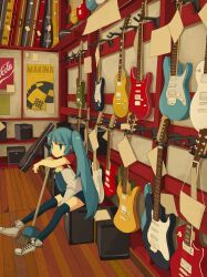  456_(456log) amplifier apron aqua_eyes aqua_hair broom coca-cola commentary_request electric_guitar female guitar hatsune_miku highres instrument long_hair shoes shop sitting solo thighhighs twintails very_long_hair vocaloid 