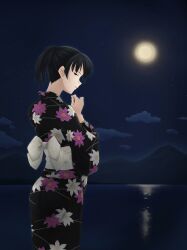  amagami ass black_eyes black_hair black_kimono cloud commentary_request female floral_print full_moon japanese_clothes kimono moon mountain night ponytail reflection sky solo star_(sky) starry_sky tsukahara_hibiki water zod!ac 