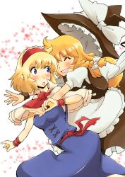  2girls alice_margatroid bad_id bad_pixiv_id blonde_hair blue_eyes capelet closed_eyes couple dress hairband hat highres hug hug_from_behind kirisame_marisa multiple_girls non_(z-art) touhou witch_hat wrist_cuffs yuri 