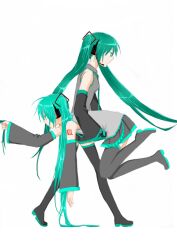  2girls boots carrying clone commentary_request detached_sleeves dual_persona green_hair hatsune_miku long_hair multiple_girls nyakelap simple_background skirt thigh_boots thighhighs tileable very_long_hair vocaloid white_background 