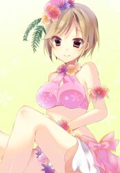  aiba_yumi bad_id blonde_hair crop_top female flower hair_ornament hat idolmaster idolmaster_cinderella_girls midriff rose short_hair simple_background sitting sleeveless smile solo sushimekabu yellow_eyes 