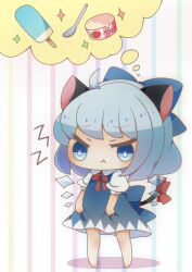  ahoge animal_ears cat_ears cat_tail chibi cirno dress dress_tug female food ice ice_cream ice_wings imagining nyannyannyannyan pixiv_thumbnail popsicle pout resized ribbon solo tail touhou wings 