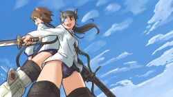  2girls animal_ears black_hair breasts brown_eyes brown_hair cloud commentary_request day dog_ears dog_girl drum_magazine eyepatch flying gun magazine_(weapon) medium_breasts military military_uniform miyafuji_yoshika multiple_girls outdoors ponytail sakamoto_mio school_swimsuit school_uniform shibasaki_shouji short_hair sky strike_witches striker_unit swimsuit swimsuit_under_clothes uniform weapon world_witches_series yellow_eyes 