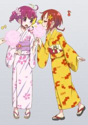  2girls bad_id bad_pixiv_id braid c-chrone candy_(smile_precure!) closed_eyes cotton_candy drill_hair eating flower hair_flower hair_ornament hairclip hino_akane_(smile_precure!) hoshizora_miyuki japanese_clothes kimono multiple_girls obi photoshop_(medium) pink_eyes pink_hair precure red_hair sandals sash single_braid smile_precure twin_drills twintails yukata 