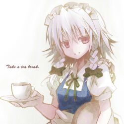  bad_id bad_nicoseiga_id bow braid cup english_text female givuchoko hairbow izayoi_sakuya maid maid_headdress plate puffy_sleeves red_eyes short_hair short_sleeves smile solo teacup touhou twin_braids white_background white_hair 