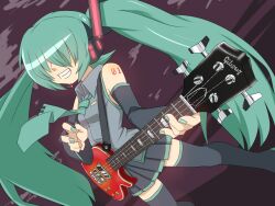  bass_guitar commentary_request detached_sleeves electric_guitar female gazacy_(dai) gibson_brands_inc gibson_les_paul green_hair grin guitar hatsune_miku headphones instrument long_hair necktie smile solo thighhighs twintails vocaloid wide_sleeves 