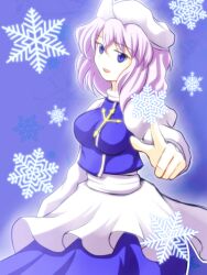  blue_eyes commentary_request female hat letty_whiterock long_sleeves open_mouth pointing puffy_sleeves purple_hair qontamblue short_hair snowflakes solo touhou 