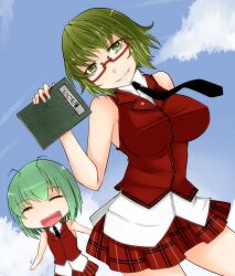  2girls ^_^ alternate_costume antennae aoshima bespectacled black_necktie closed_eyes commentary_request contemporary dress_shirt glasses green_eyes green_hair grin highres kazami_yuuka multiple_girls necktie open_mouth red-framed_eyewear school_uniform semi-rimless_eyewear shirt short_hair skirt sleeveless smile touhou under-rim_eyewear wriggle_nightbug 