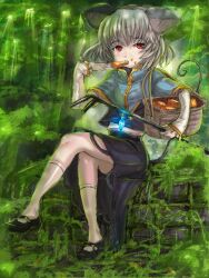  animal_ears basket capelet cheese commentary_request eating female food graphite_(medium) grey_hair highres jewelry long_sleeves mary_janes mixed_media mouse_ears mouse_tail nazrin panzer_(p.z) pendant photoshop_(medium) red_eyes shoes short_hair sitting solo tail touhou traditional_media 