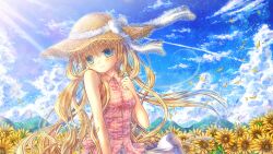  air_(visual_novel) bad_id bad_pixiv_id blonde_hair blue_eyes casual cloud commentary_request day female flower hat hinokami_sakura kamio_misuzu long_hair outdoors photoshop_(medium) sky smile solo straw_hat sunflower sunlight very_long_hair 