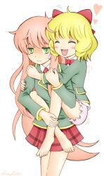  2girls bare_legs barefoot blazer blonde_hair bloomers bottomless bow closed_eyes commentary_request curly_(jintai) green_eyes hairbow heart hug jacket jinrui_wa_suitai_shimashita leg_lock long_hair multiple_girls necktie pink_hair school_uniform smile sweatdrop underwear variangel watashi_(jintai) wavy_mouth 