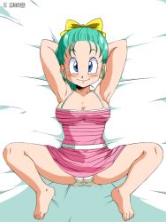  blue_eyes blush breasts bulma_briefs cleavage dragon_ball dress earrings feet green_hair jewelry looking_at_viewer old_school_academy panties smile solo spread_legs toes underwear 